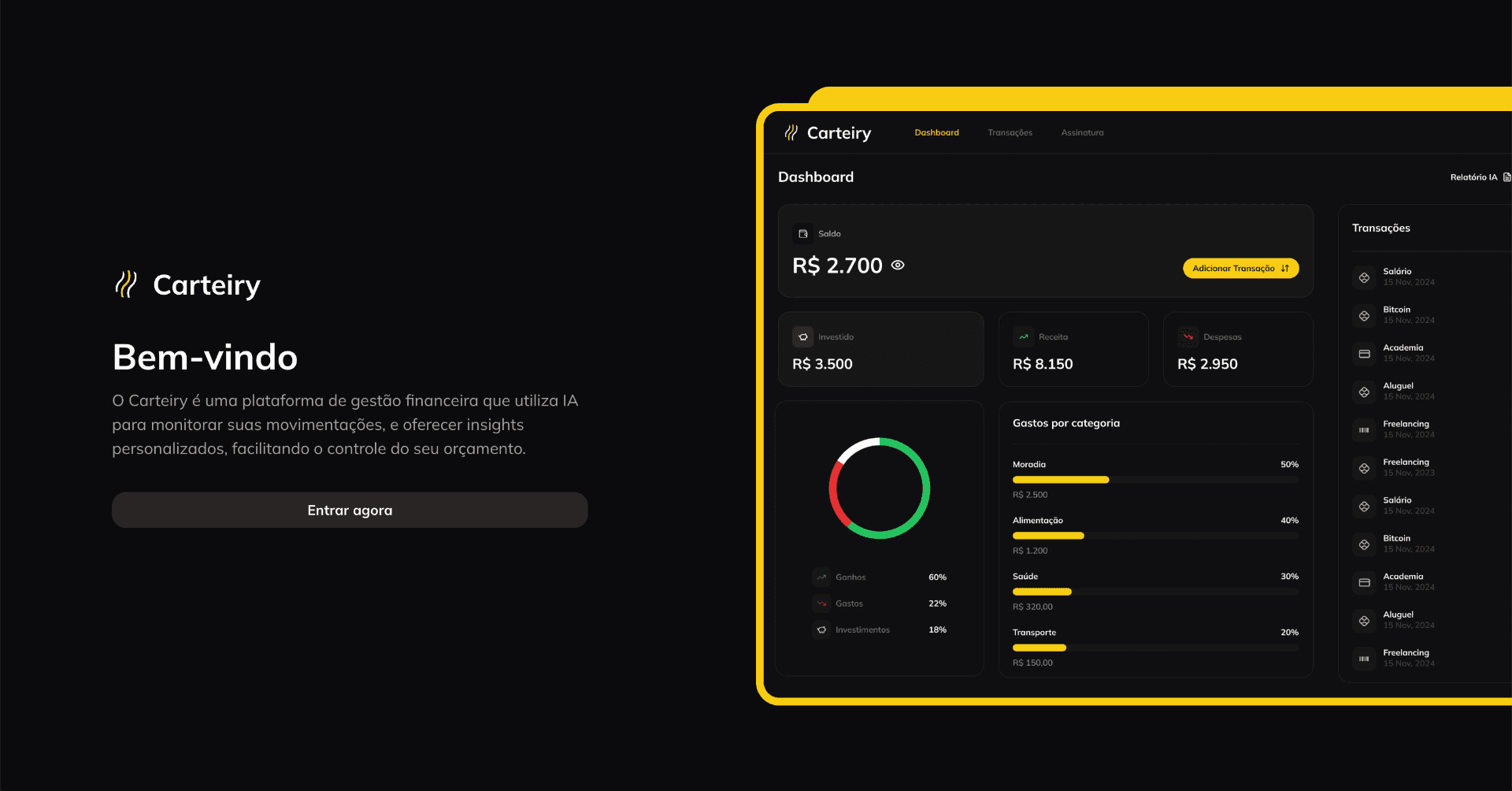 Dashboard do Carteiry mostrando visão geral financeira